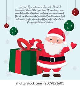 Hand drawn Cute Santa Claus and gifts around Christmas greeting and balls, invitation card with new year holidays 