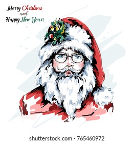 Hand drawn cute Santa Claus portrait. Stylish hipster santa in eyeglasses and red hat. Christmas web banner. Sketch.