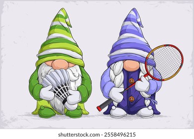 Hand drawn cute Scandinavian gnomes cheerleaders holding   badminton racquet and feather shuttlecock