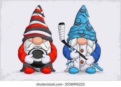 Hand drawn cute Scandinavian gnomes wearing colorful hats and holding ice hockey puck and stick