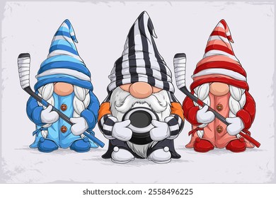 Hand drawn cute Scandinavian gnomes in stripped referee disguise holding ice hockey puck and stick