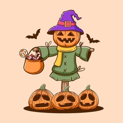 Hand Drawn Of Cute Scarecrow Halloween Illustration