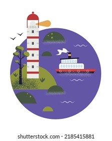 Hand drawn cute scenery with coastal lighthouse and ferry ship. Colorful maritime icon. Isolated on white background vector illustration