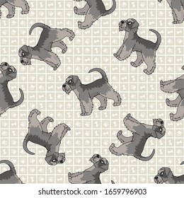 Hand drawn cute schnauzer breed dog seamless vector pattern. Purebred pedigree puppy domestic dog on paw background. Dog lover terrier pet all over print. Kennel pooch. EPS 10. 