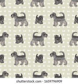 Hand drawn cute schnauzer breed dog and puppy seamless vector pattern. Purebred pedigree puppy domestic dog on paw background. Dog lover terrier pet all over print. Kennel pooch. EPS 10. 