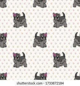 Hand drawn cute schnauzer breed puppy with pink bow seamless vector pattern. Purebred pedigree domestic dog on paw background. Dog lover terrier pet all over print. Kennel pooch. EPS 10. 