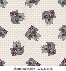 Hand drawn cute schnauzer breed dog face with pink bow seamless vector pattern. Purebred pedigree puppy domestic dog on paw background. Dog lover terrier pet all over print. Kennel pooch. EPS 10. 