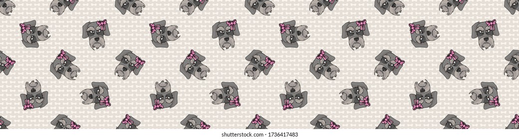 Hand drawn cute schnauzer breed dog face with pink bow seamless vector border. Purebred pedigree puppy domestic dog on paw background. Dog lover terrier pet all over print. Kennel pooch. EPS 10. 