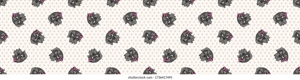 Hand drawn cute schnauzer breed puppy face with pink bow seamless vector border. Purebred pedigree domestic dog on paw background. Dog lover terrier pet all over print. Kennel pooch. EPS 10. 