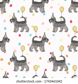Hand drawn cute schnauzer breed dog with party hat seamless vector pattern. Purebred pedigree puppy celebration background. Dog lover terrier pet all over print. Kennel pooch. EPS 10. 