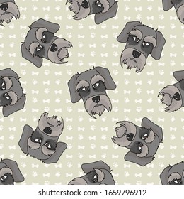 Hand drawn cute schnauzer face breed dog seamless vector pattern. Purebred pedigree puppy domestic dog on paw background. Dog lover terrier pet all over print. Kennel pooch. EPS 10. 