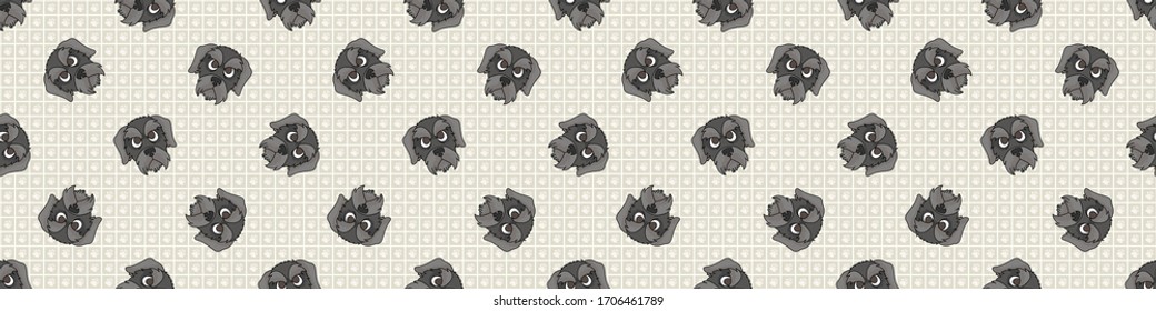 Hand drawn cute schnauzer puppy face breed seamless border pattern. Purebred pedigree domestic dog background. Dog lover English hunting pet washi ribbon. Kennel pooch EPS 10. 