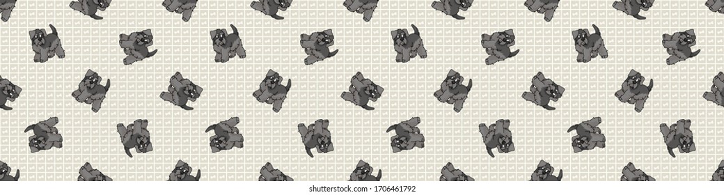 Hand drawn cute schnauzer puppy breed seamless border pattern. Purebred pedigree domestic dog background. Dog lover English hunting pet washi ribbon. Kennel pooch EPS 10. 