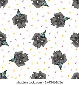 Hand drawn cute schnauzer puppy face with party hat seamless vector pattern. Purebred pedigree dog celebration background. Dog lover terrier pet all over print. Kennel pooch. EPS 10. 