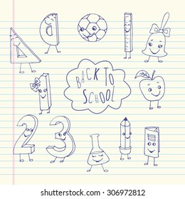 Hand drawn cute school characters on a sheet of exercise book. Sketched school items with signature: "Back to school". Vector illustration set for invitation, print or postcard.