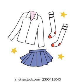 Hand drawn cute school outfit in contour line design, isolated vector illustration