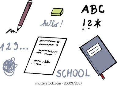 Handgezeichnete süße Illustrationen zum Thema Schule. Ideal für Schrottbuchung, Aufkleber, Grafikdesign, Blog und mehr.