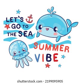 Hand drawn cute Sea cartoon character Print for children textile design trend Vector illustration cute 