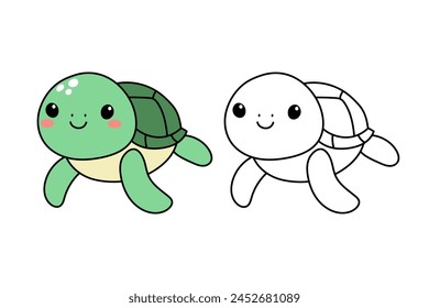 Hand drawn cute sea turtle. Marine life animals. Coloring page template. Isolated vector illustration 