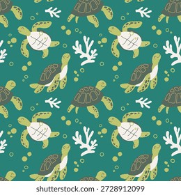 Patrón inconsútil lindo de la tortuga de mar dibujado a mano en fondo verde del océano