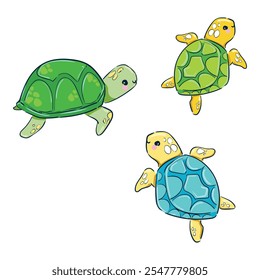 Hand drawn cute sea turtles vector illustration