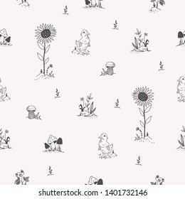 Hand drawn cute seamless pattern with sunflowers and wild herb. Background design.