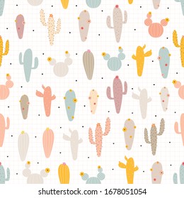 Hand drawn cute seamless pattern Repeat the background with the cactus and square grid. Modern vector design Used for gift wrap, textiles, vector illustrations.