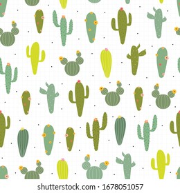 Dibujo a mano con un patrón impecable Repita el fondo con el cactus y la cuadrícula cuadrada. Diseño vectorial moderno Utilizado para envolver regalo, textiles, ilustraciones vectoriales.