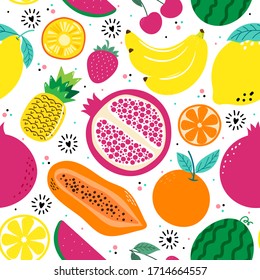 Hand drawn cute seamless pattern  fruits, Orange, Banana, Pomegranate, Cherry, Strawberry, Pineapple, Watermelon, Lemon and leaf on white  background. Vector illustration.