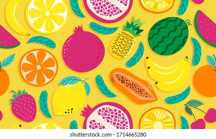 Hand drawn cute seamless pattern  fruits, Orange, Banana, Pomegranate, Cherry, Strawberry, Pineapple, Watermelon, Lemon and leaf on yellow  background. Vector illustration.