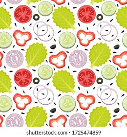 Hand drawn cute seamless pattern vegetables food isolated on white background. Lettuce, Onion rings, Paprika, Cucumber, Olives, Tomato, black sesame seed. Vector  flat illustration.