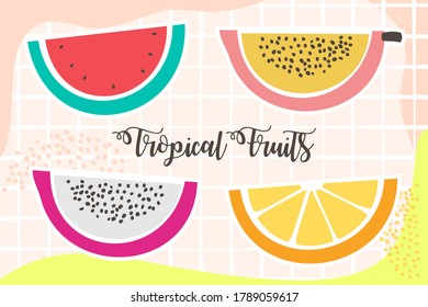 Hand drawn cute seamless pattern tropical fruits Lemon, Watermelon, Dragon fruit pitaya and passion fruit on pink pastel background. Vector illustration.
