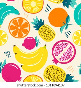 Hand drawn cute seamless pattern  fruits, Orange, Banana, Pomegranate, Pineapple, Lemon and leaf on white  background. Vector illustration.