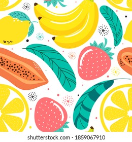 Frutos de patrón sin costura, banana, fresa de Papaya, limón y hojas sobre fondo blanco. Ilustración vectorial.