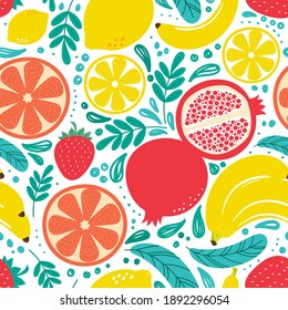 Hand drawn cute seamless pattern  fruits, Orange, Banana, Pomeganate, Strawberry, Lemon and leaf on white background. Vector illustration.