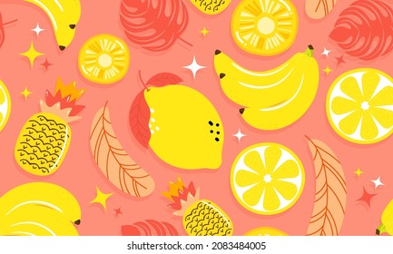 Hand drawn cute seamless pattern  fruits, Orange, Banana, Pineapple, Lemon and leaf on colour background. Vector illustration.