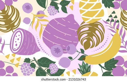 Hand drawn cute seamless pattern vegetables and fruits, Taro, Banana, Pineapple, Mulberry,  Blueberry, Grape and leaf on colour background. Vector illustration.