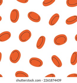 Hand drawn cute seamless pattern with erythrocytes. Flat vector transfusion and blood donation print design in doodle style. Medicine, menstruation concept. Repeated background, wrapping or wallpaper.
