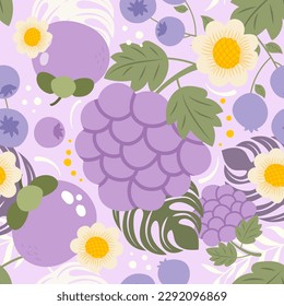 Hand drawn cute seamless pattern  fruits, Mulberry, blueberry, mangosteen, flower and leaf on purple pastel background. Vector illustration.