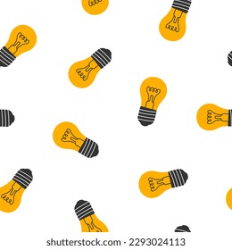 Hand drawn cute seamless pattern with incandescent lamp. Flat vector glowing light bulb print design in colorful doodle style. Repeated background with non eco friendly device, wrapping or wallpaper.