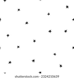 Handgezeichnet süßes, nahtloses Muster mit Sternen. Flacher Vektortag Himmel abstrakter Druck im Doodle-Stil. Universum, Kosmos drinnen. Wiederholte Galaxie-Hintergrund, Umhüllung oder Tapete.
