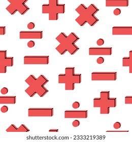 Hand drawn cute seamless pattern with math operations sign. Flat vector addition, subtraction, multiplication and division print in doodle style. Repeated education background, wrapping or wallpaper.