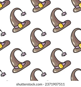 Hand drawn cute seamless pattern with cartoon Witch Hat and spider in doodle design