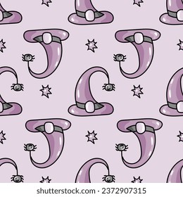 Hand drawn cute seamless pattern with cartoon Witch Hat and spider in doodle design