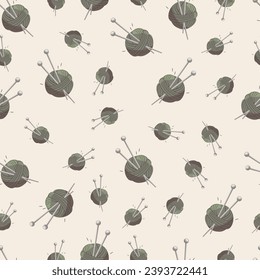 Hand drawn cute seamless pattern with balls of wool for knitting in green color. Skein of yarn. Vector ornament in cartoon style for textile, background, wallpapers