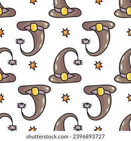 Hand drawn cute seamless pattern with cartoon Witch Hat and spider in doodle design