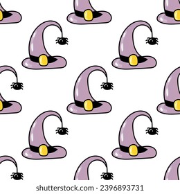 Hand drawn cute seamless pattern with cartoon Witch Hat and spider in doodle design