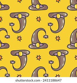 Hand drawn cute seamless pattern with cartoon Witch Hat and spider in doodle design