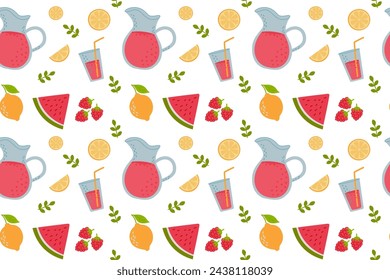 Hand drawn cute seamless pattern fruits, Raspberry, Lemon, Watermelon, Jar of juice and leaf on white background. Vector illustration.