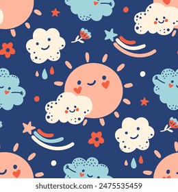 Hand drawn cute seamless pattern. Happy doodle sun, clouds, flowers, stars and night sky. Funny background featured peaceful characters. Naive Baby vector illustration